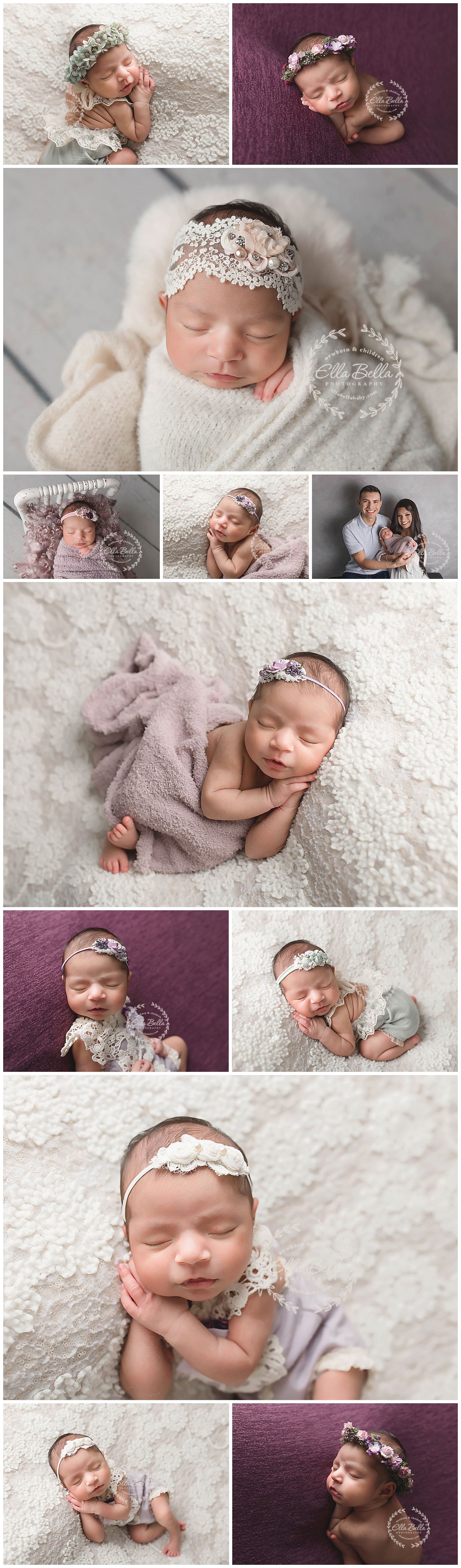 Collection of professional newborn portraits featuring baby in delicate lace headbands and soft wraps.