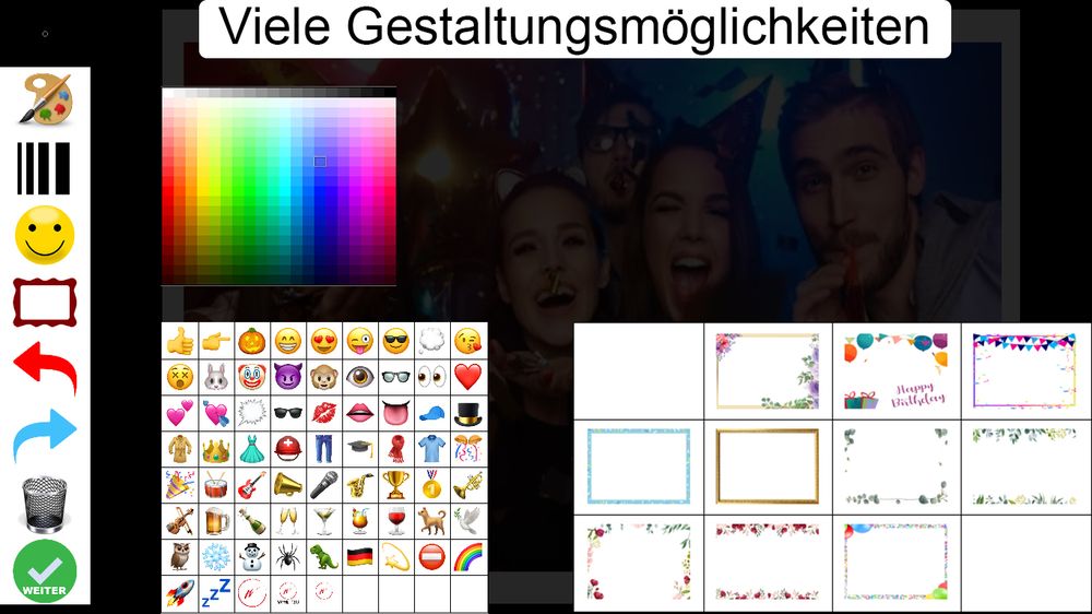 Gestaltungsbildschirm der Fotobox mit individuellen Rahmen, Emojis und Freihandzeichnungen