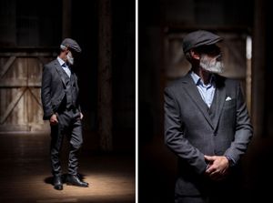 Glenn Nash wearing a handmade Houndstooth Tailors Suit Peaky Blinders style in the Corowa Distillery Barrel Room.