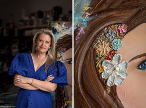 Split image showing Albury Artist Kerrie Grant in a blue dress and a close-up of her painting with colourful flower details in brown hair.