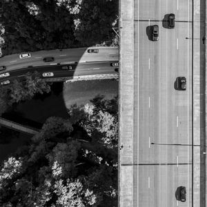 Aerial black and white view of cars driving on a highway bridge surrounded by lush green trees.