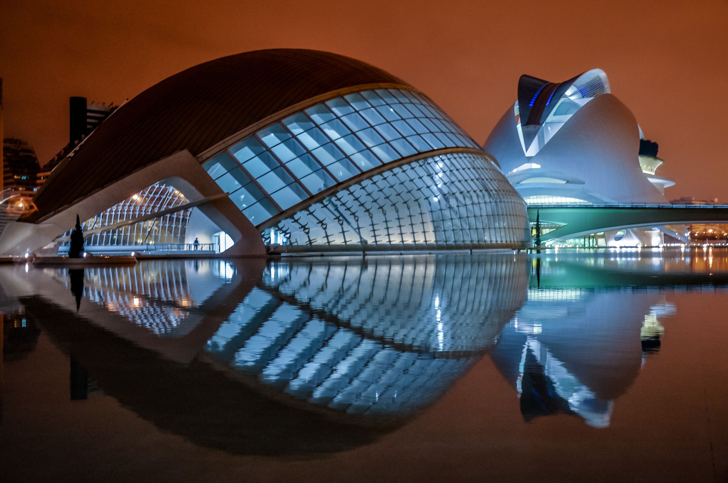 Futuristic City of Arts and Sciences in Valencia illuminated at night with stunning reflections on water.