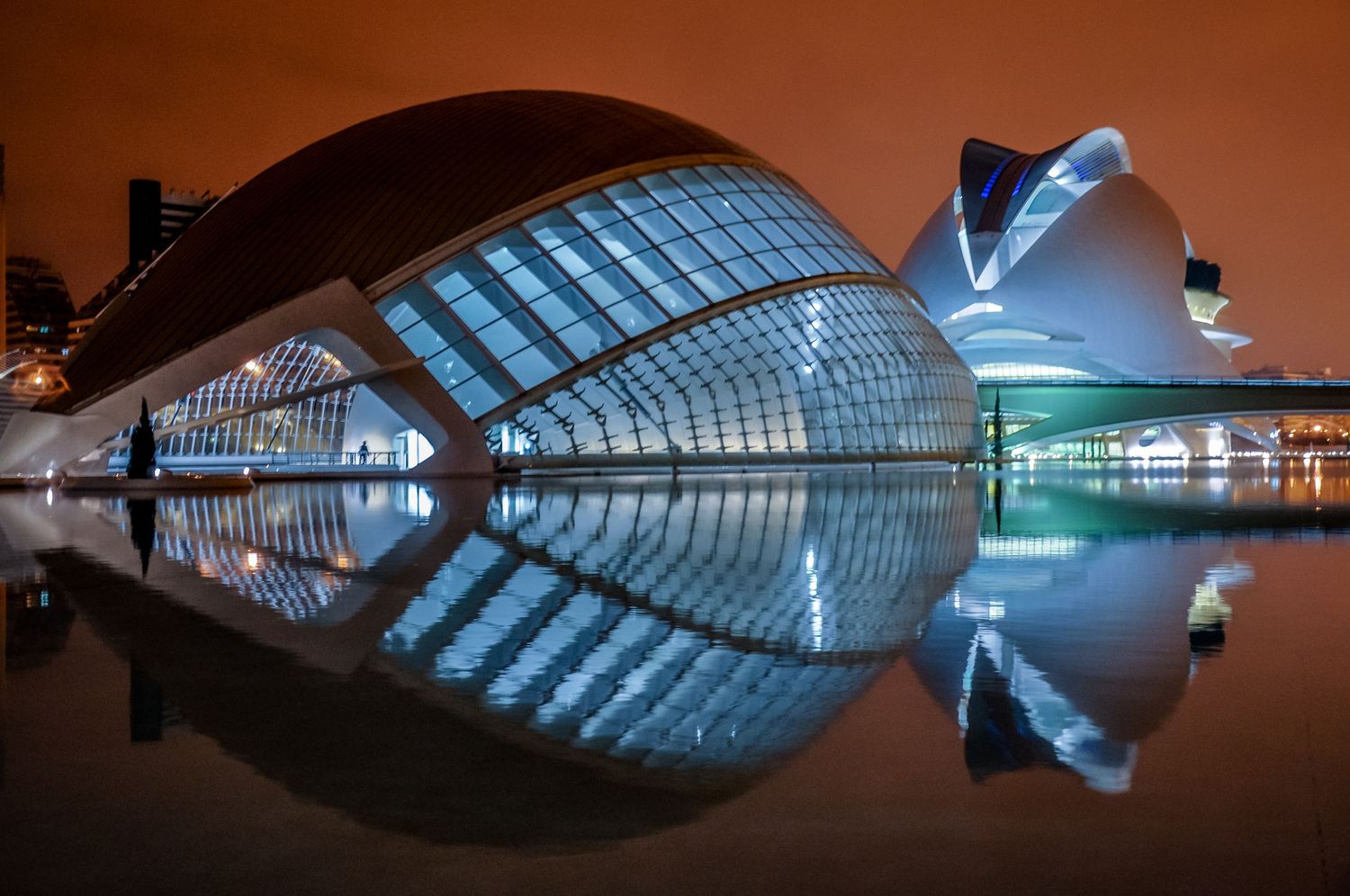 Futuristic City of Arts and Sciences in Valencia illuminated at night with stunning reflections on water.