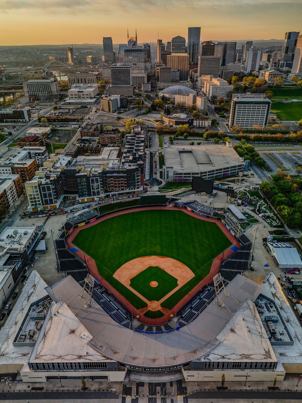 Overhead view of First Horizon Park Nashville Sounds and Nashville Tn by drone