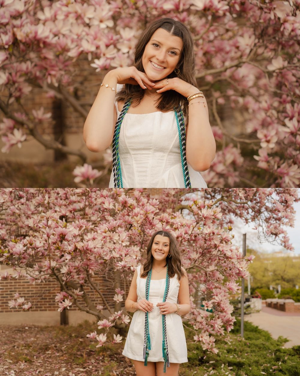 Young woman in white dress with green graduation cords poses among pink magnolia blossoms for senior photos.