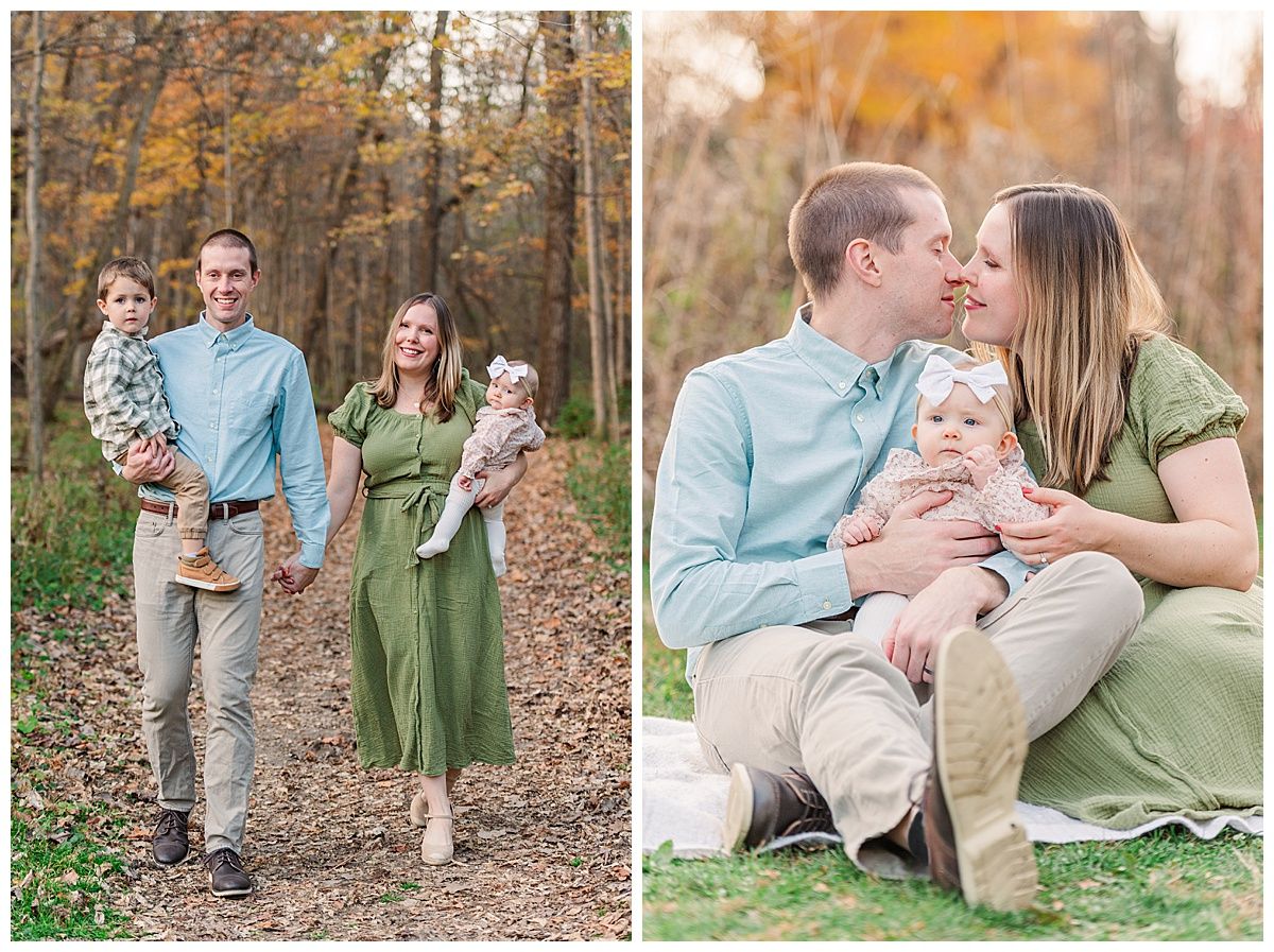 Intimate family moments and walking through fall foliage at Starkey Park Zionsville Indiana during family photo session