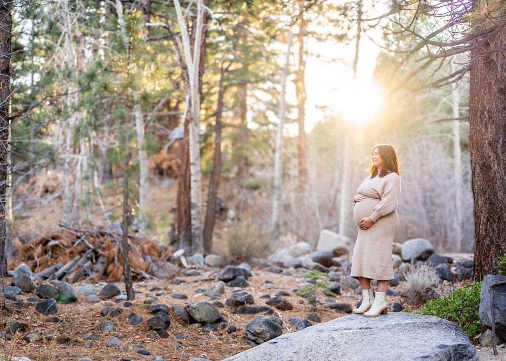 Pregnant woman in beige coat standing among pine trees with golden sunlight streaming through forest.