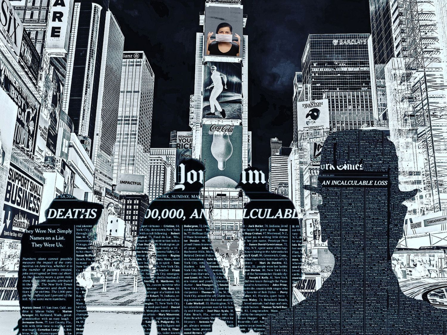 Award-winning image, mixed media image with silhouette cutouts filled with the names of those who died of COVID-19