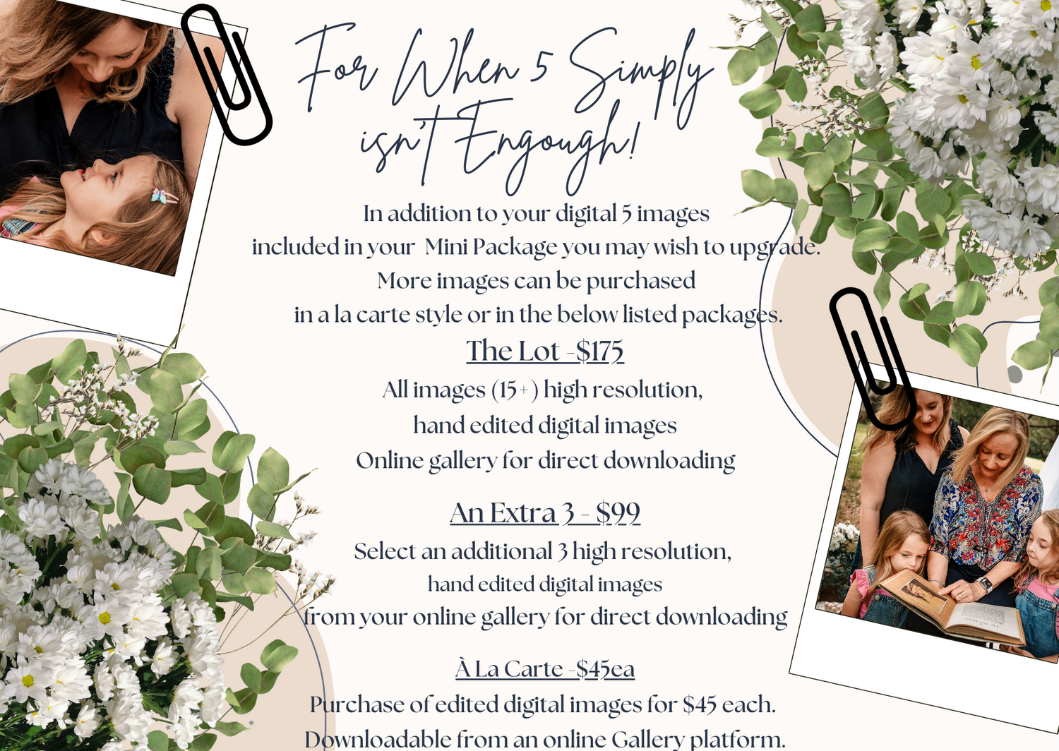 Photography package details template with white flowers and pricing information.