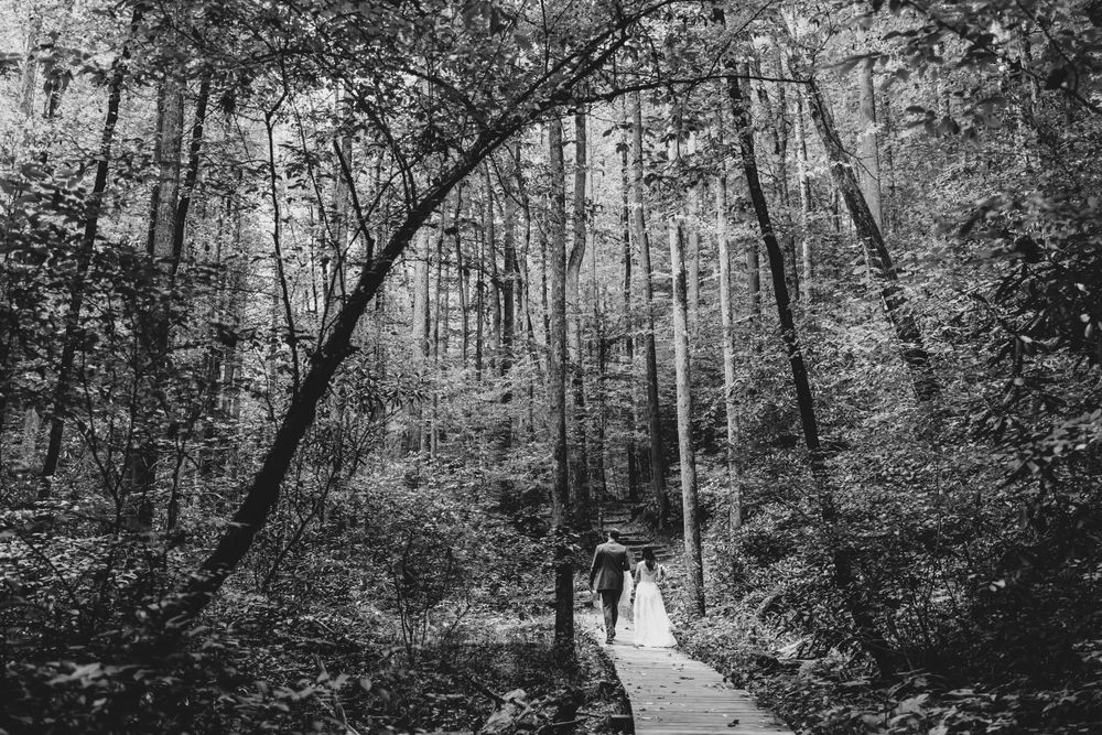Black and white photo of couple walking on wooden boardwalk through dense forest.