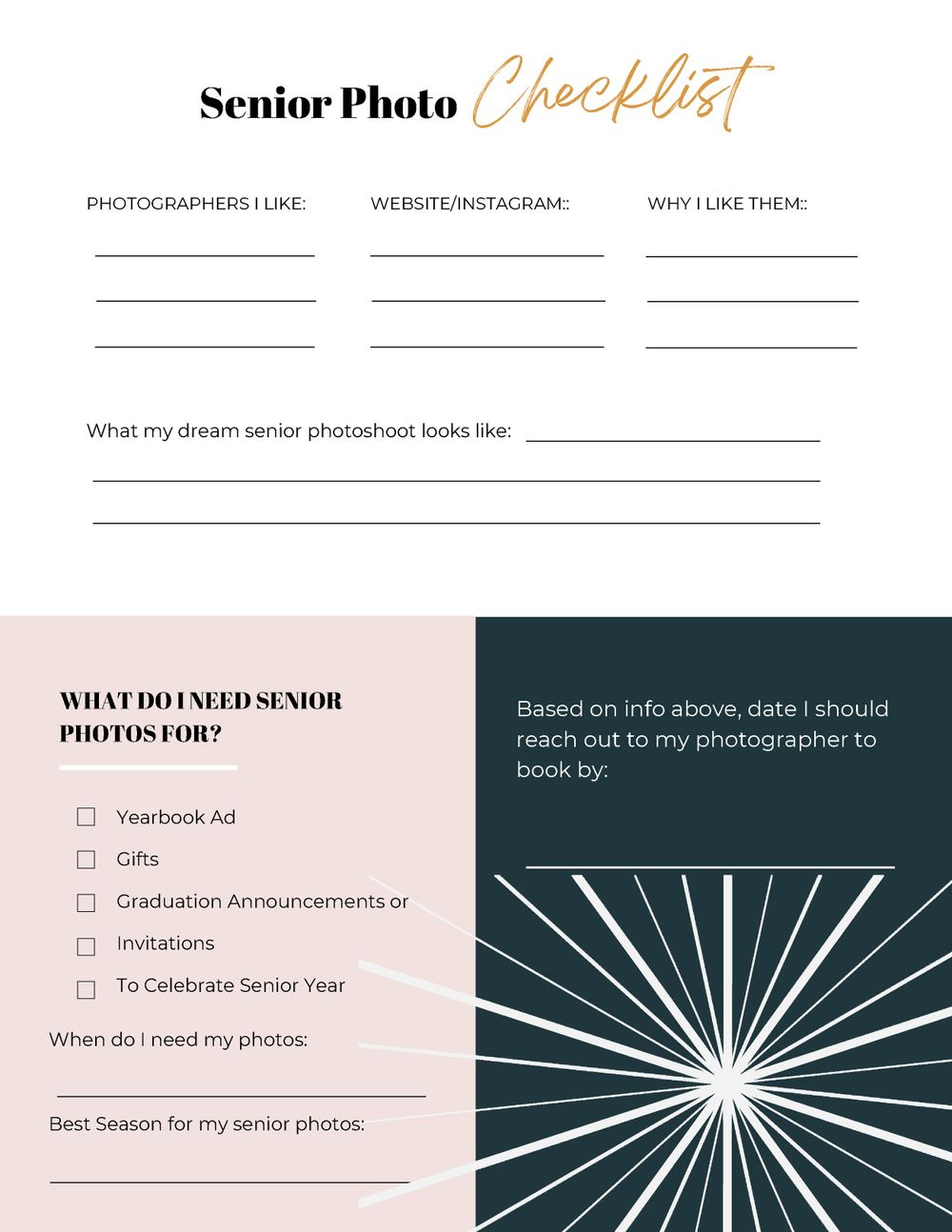Minimalist checklist template for planning senior photo sessions with blank spaces to fill.