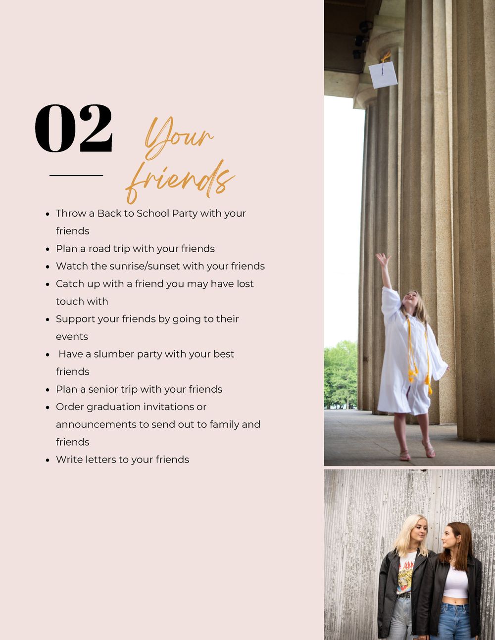 Magazine style layout showing senior portrait sessions and activities checklist by Nashville Senior Photographer.
