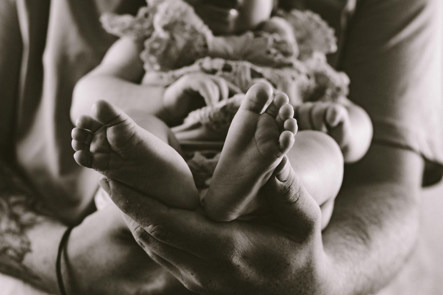 Black and white close-up of tiny baby feet being gently held.