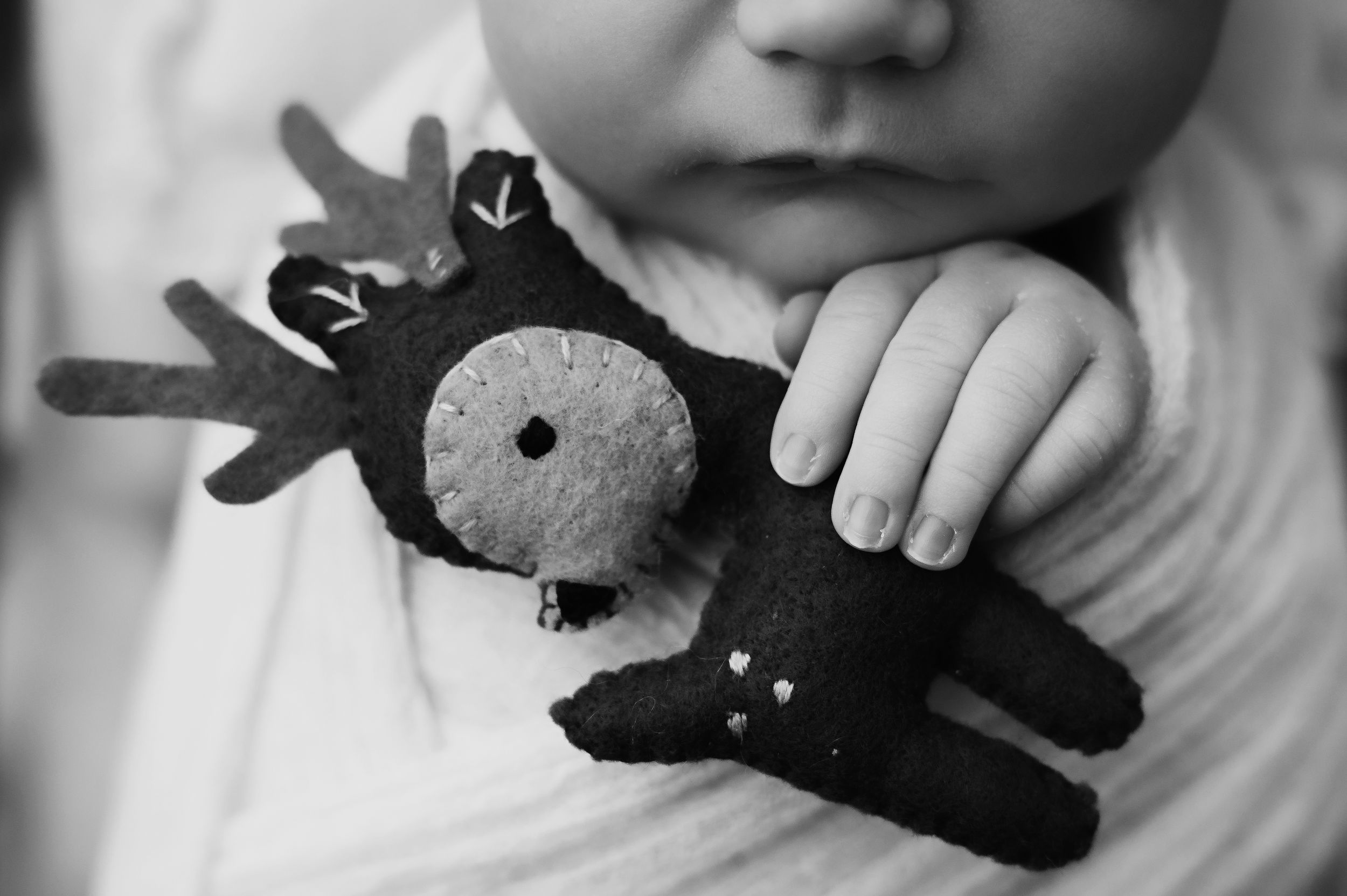 Black and white photograph showing tiny hands holding a small handmade plush reindeer toy.