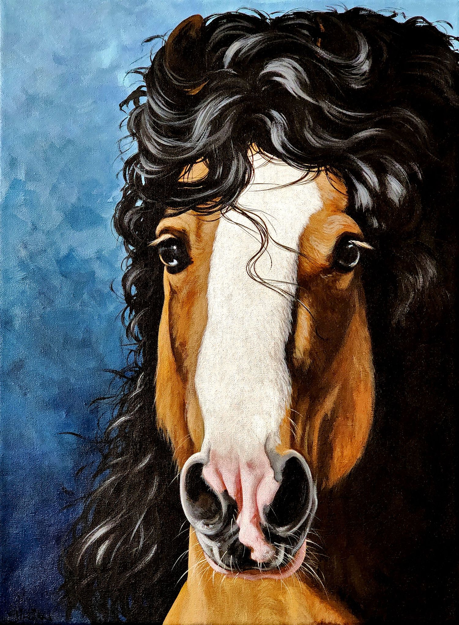 Artistic painting of a buckskin gypsy horse with flowing black mane against blue background.