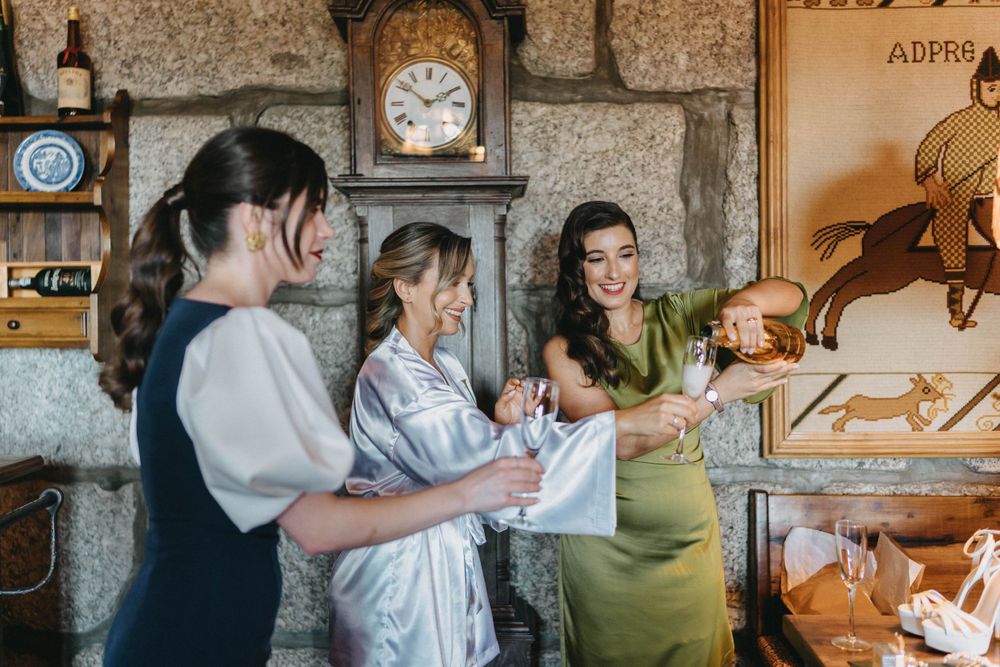 Wedding preparation scene with vintage clock and decorative elements.