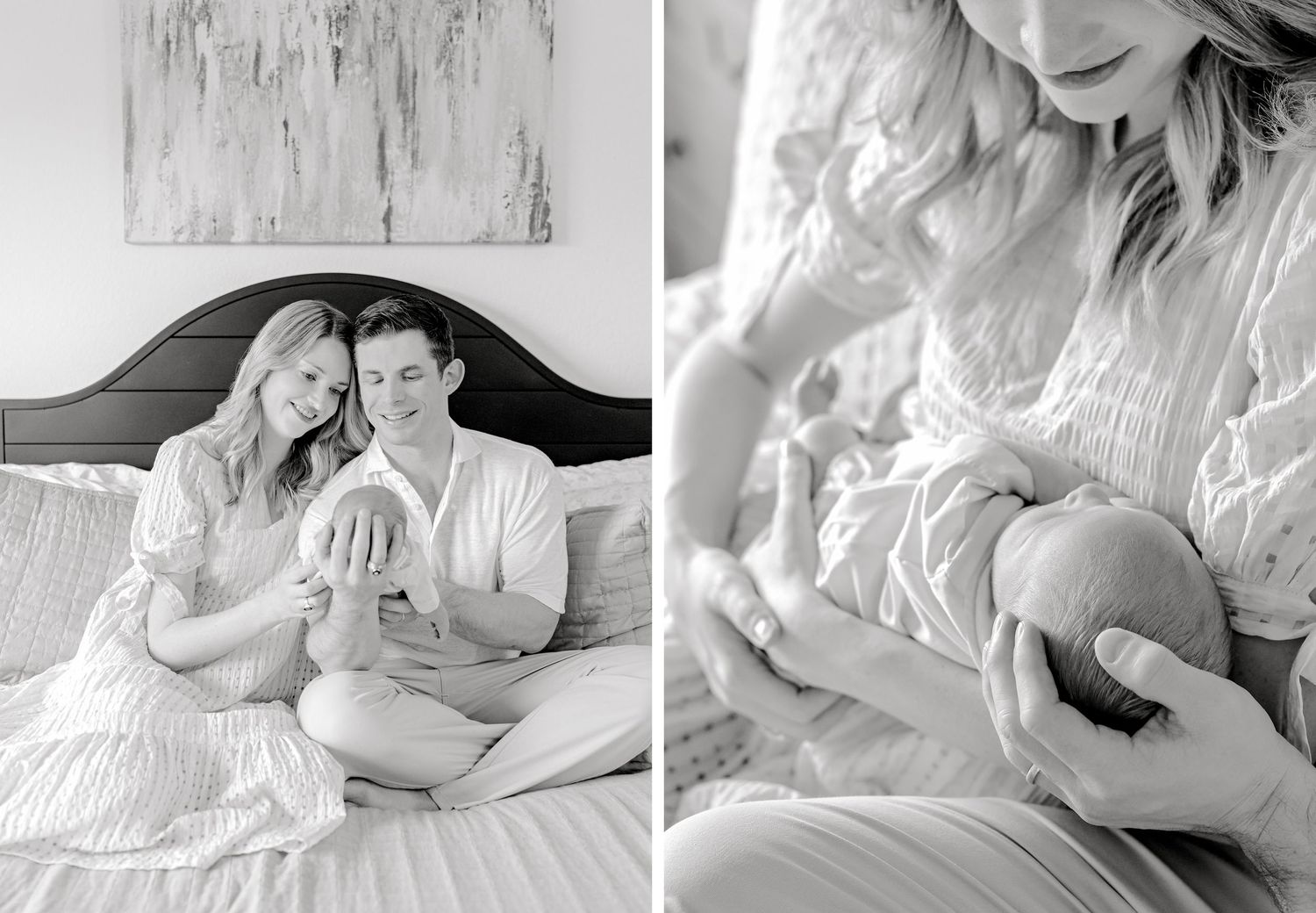 Black and white photos show tender family moments with a newborn in a bright bedroom setting.