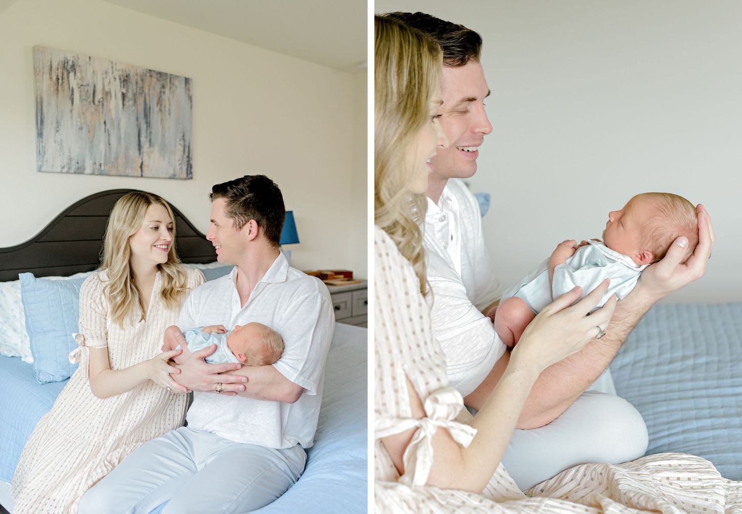 A collection of intimate family photos showing tender moments with a newborn in a bedroom setting.