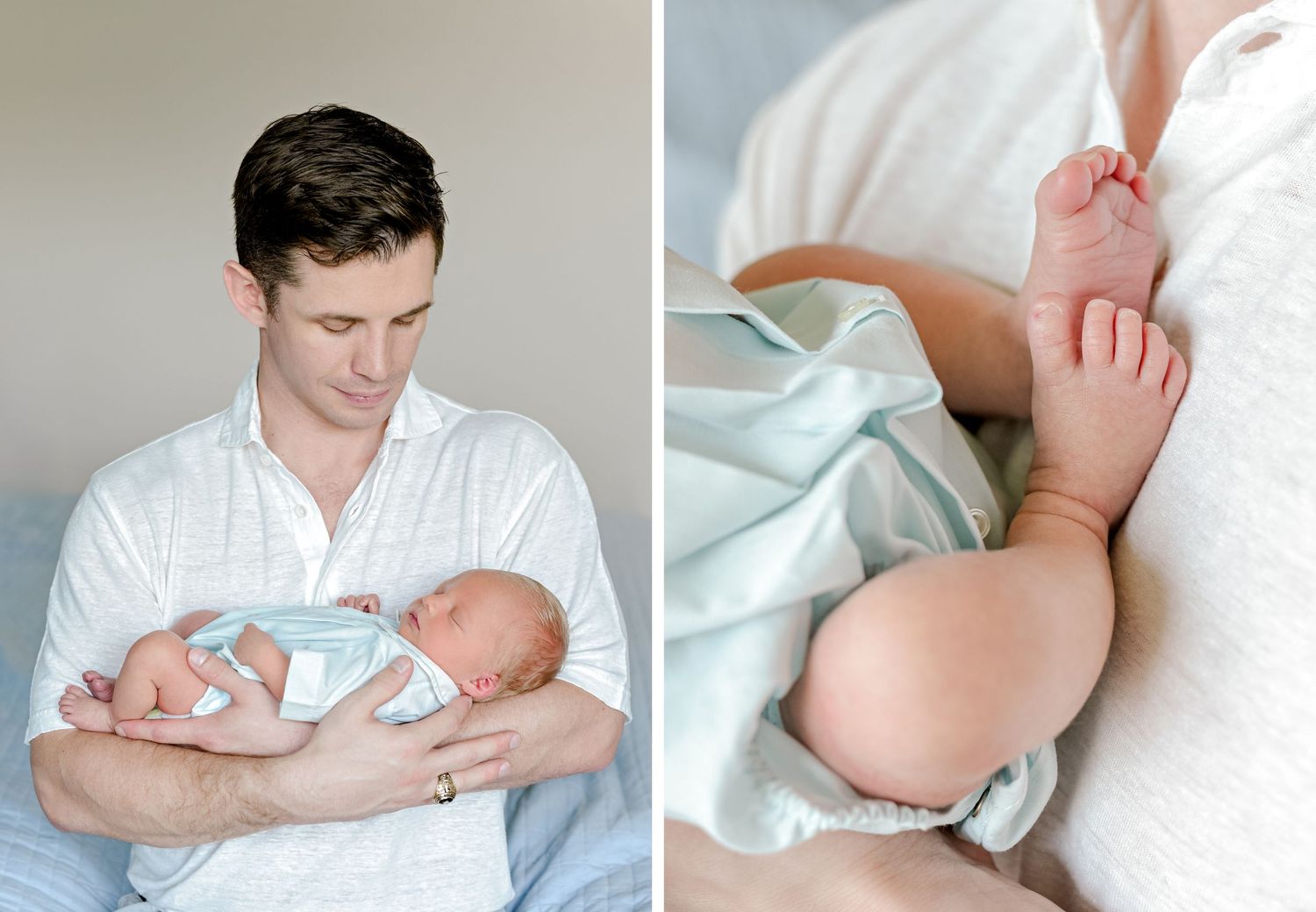 Side-by-side photos showing gentle moments between parent and newborn in soft natural light.