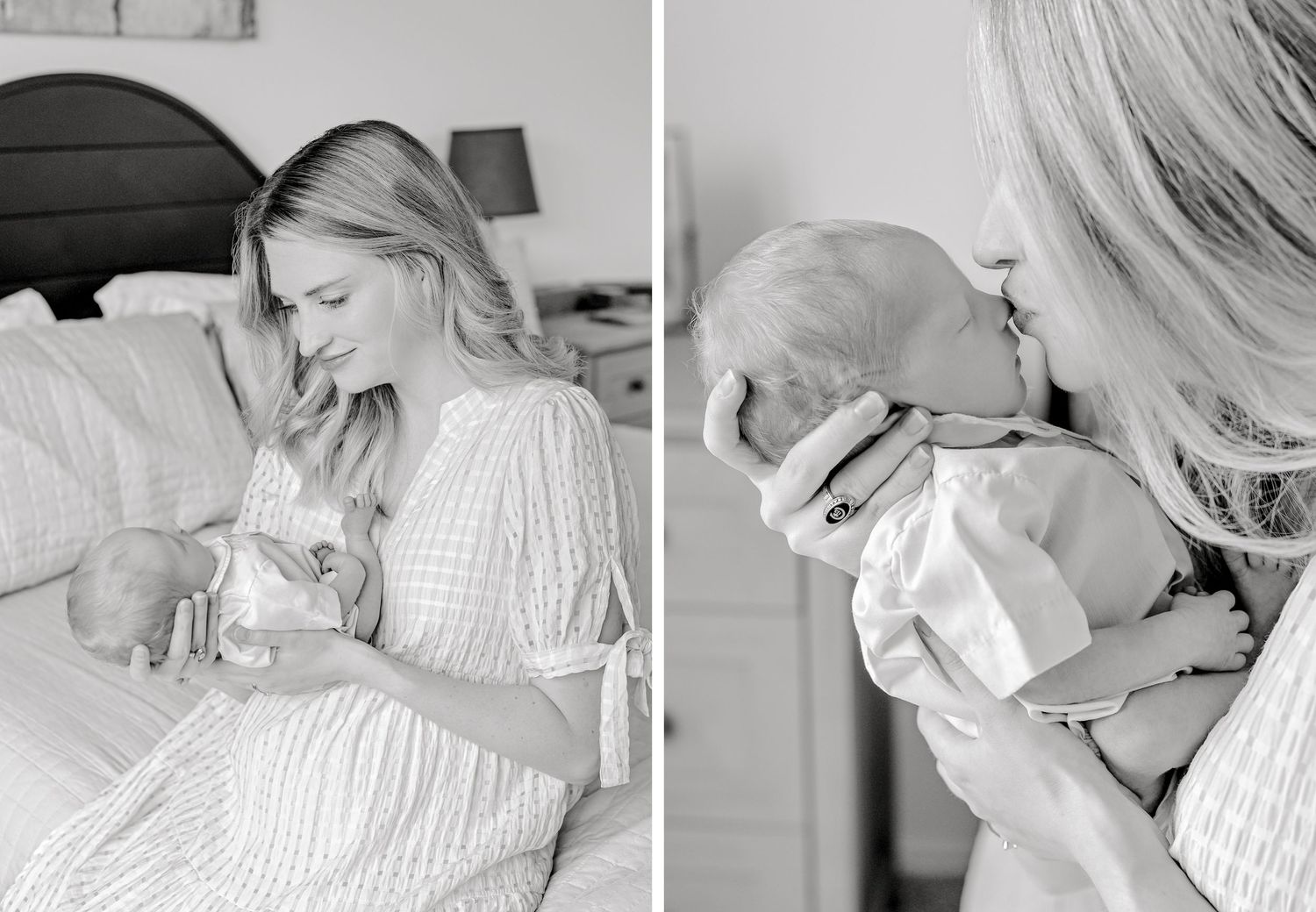Black and white photos capture intimate moments between parent and newborn in bedroom setting.