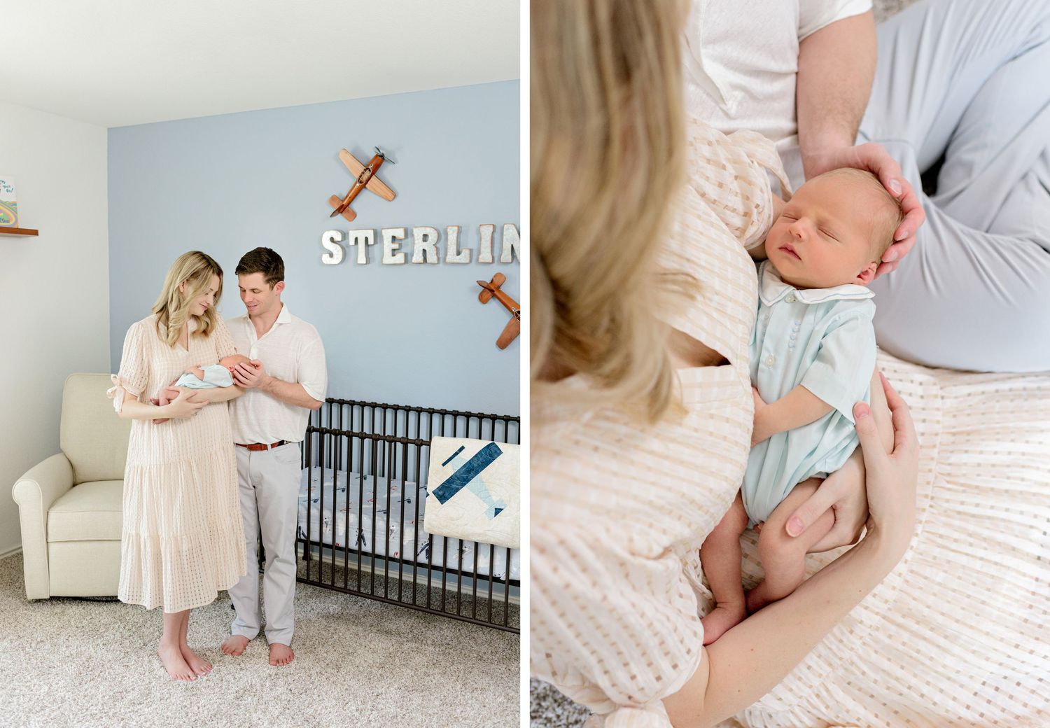 Aviation-themed nursery with STERLING letters and wooden airplane decorations on light blue walls.