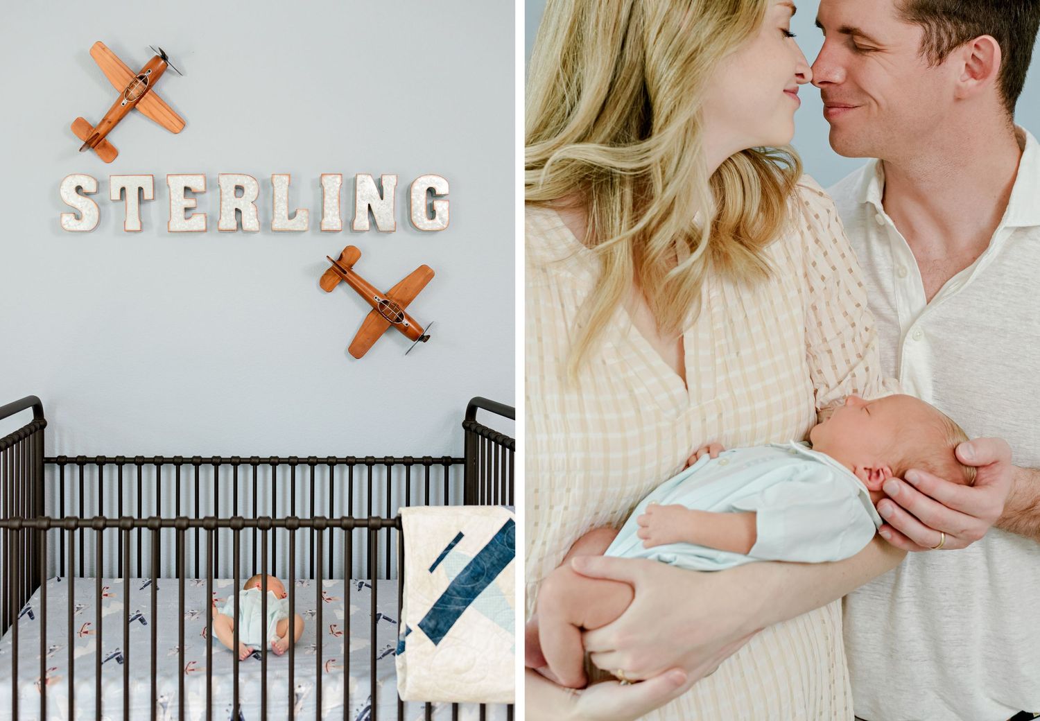 Split image showing nursery wall decor and intimate family moment with newborn.