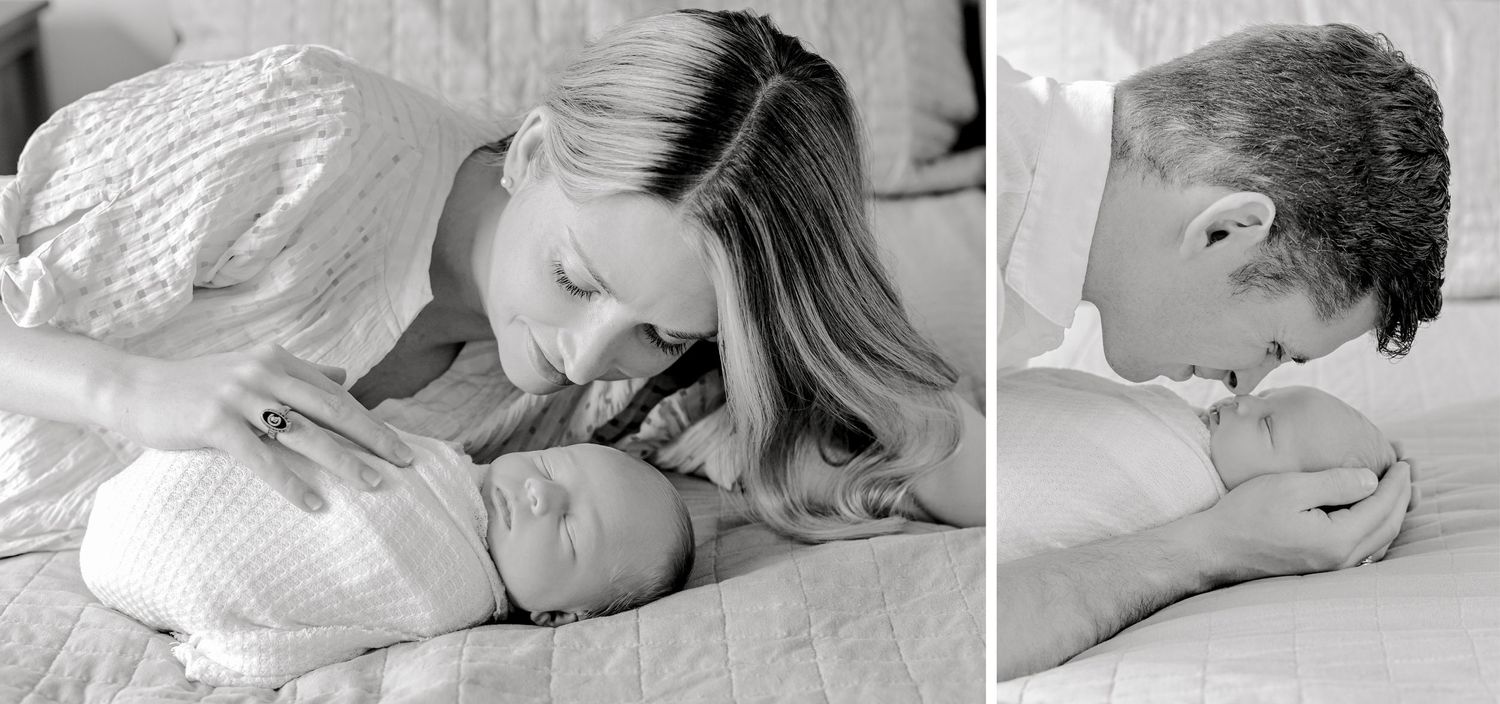 Black and white portrait capturing tender moments with a sleeping newborn.
