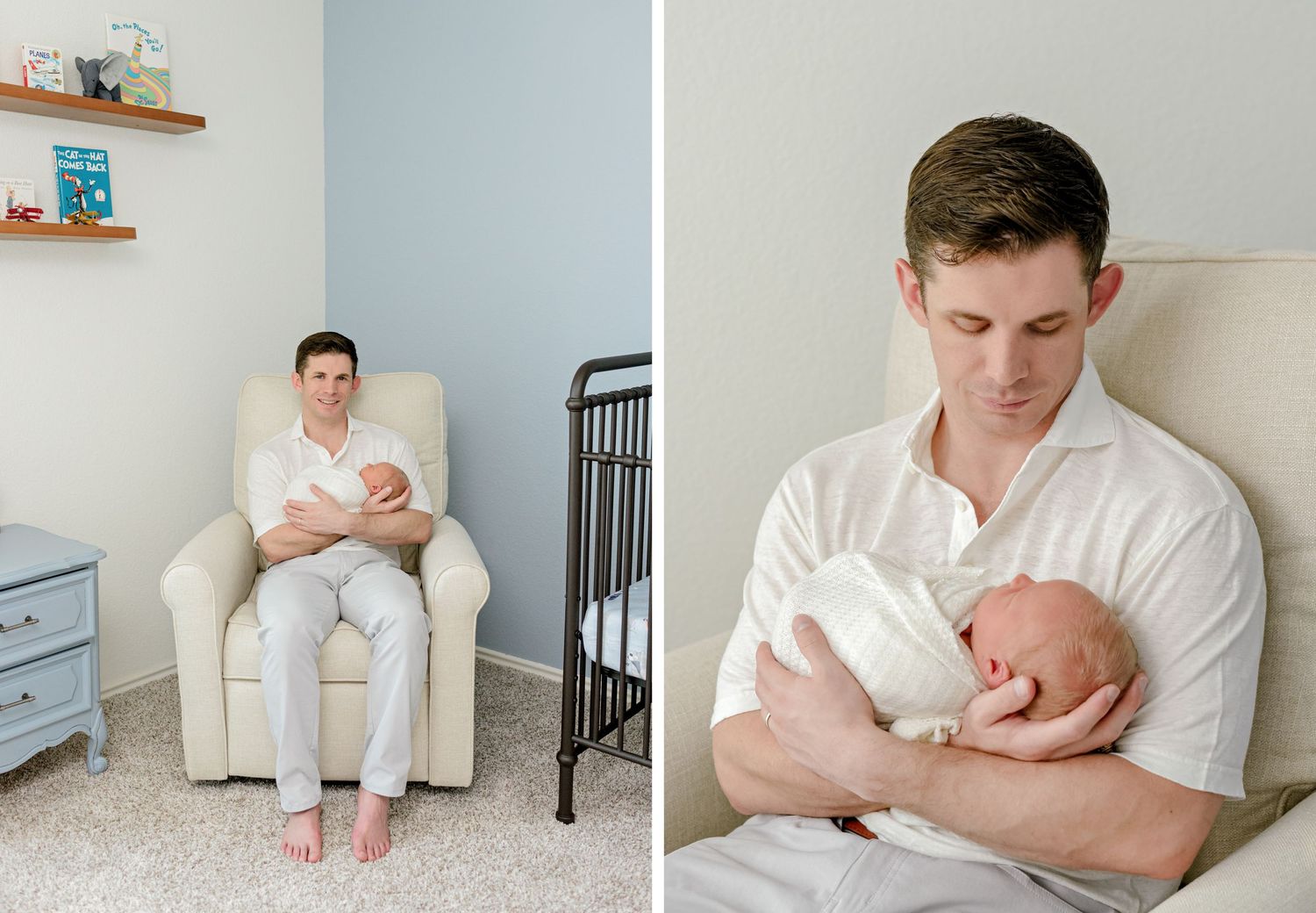 Two views of nursery setting showing cream armchair and tender moments with newborn.