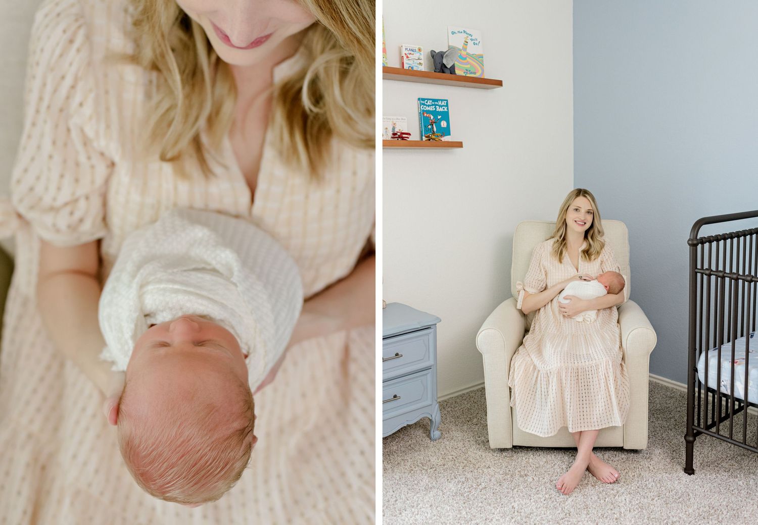 Collage of tender nurturing moments in a cozy nursery with light decor.