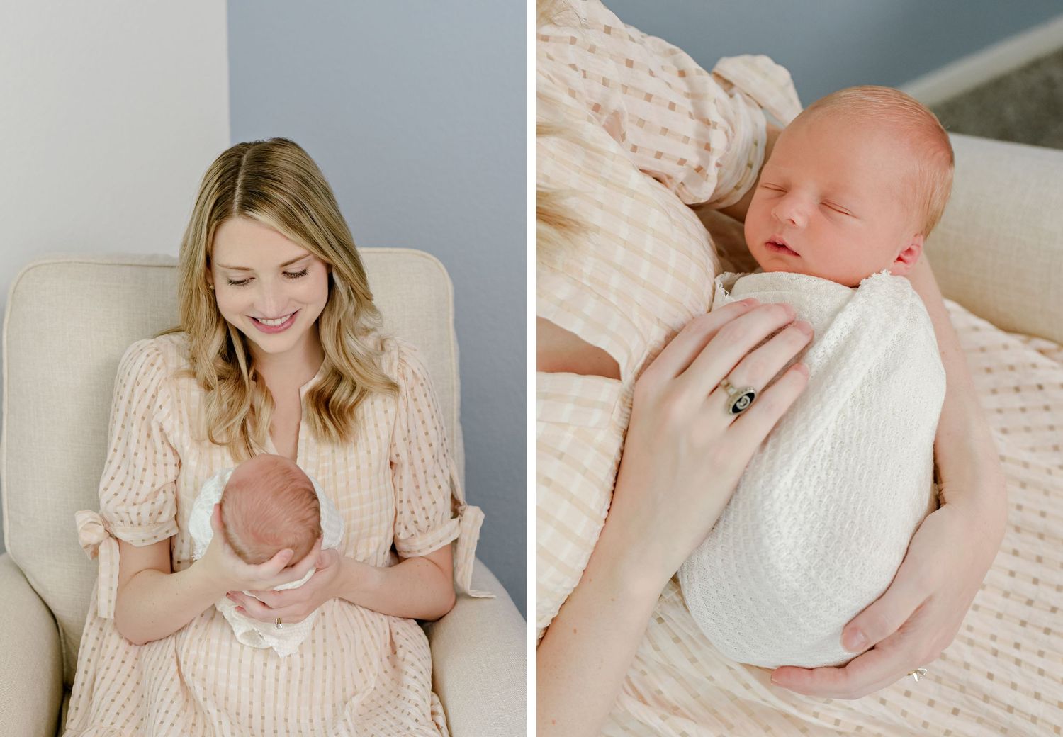 Sweet nursery moments captured in a soft-toned photo collage.