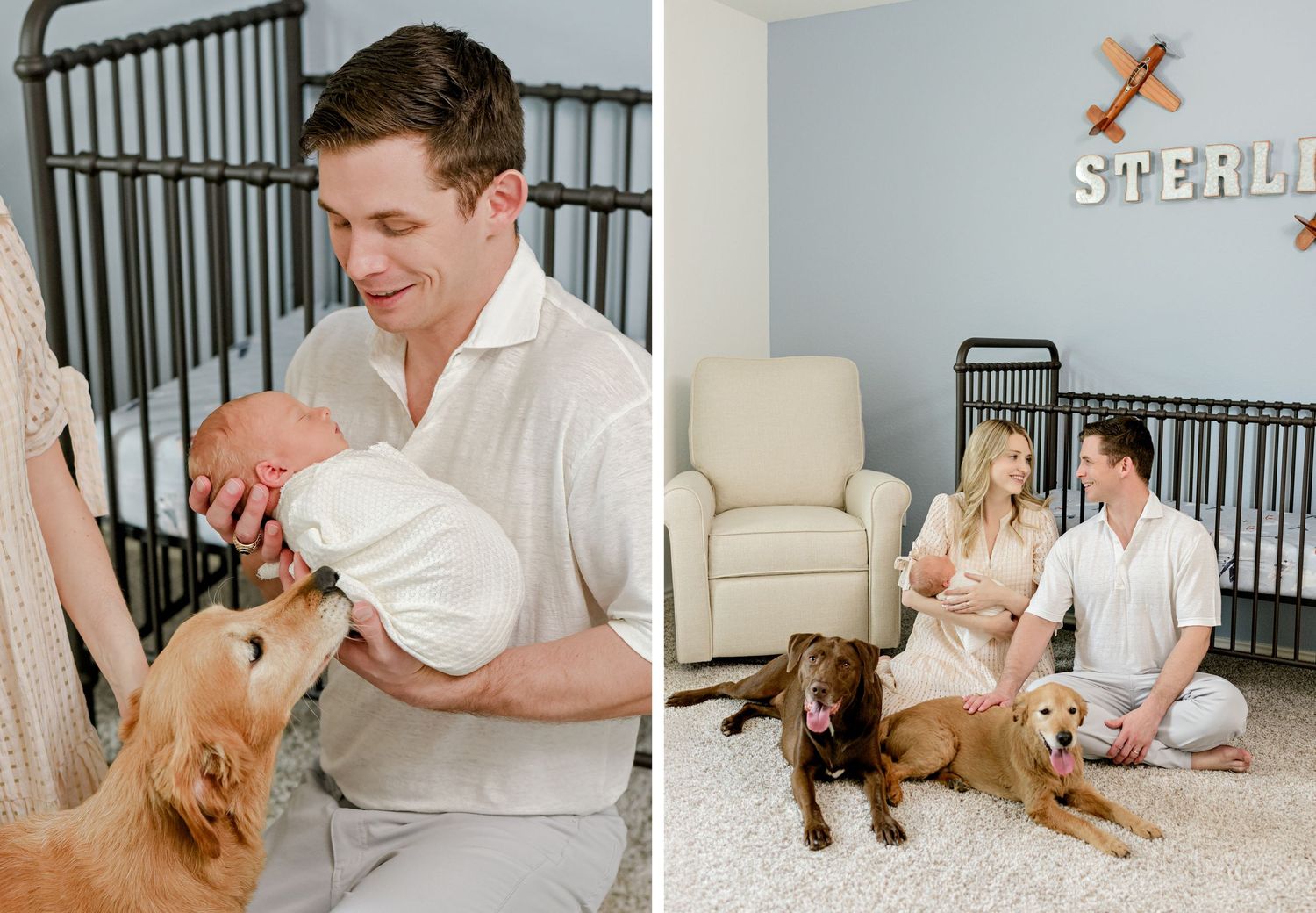Heartwarming interaction between parent, baby, and golden retriever in nursery setting.