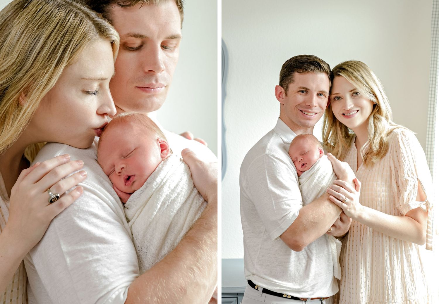 A couple cradles their newborn baby tenderly in a soft, natural light portrait.