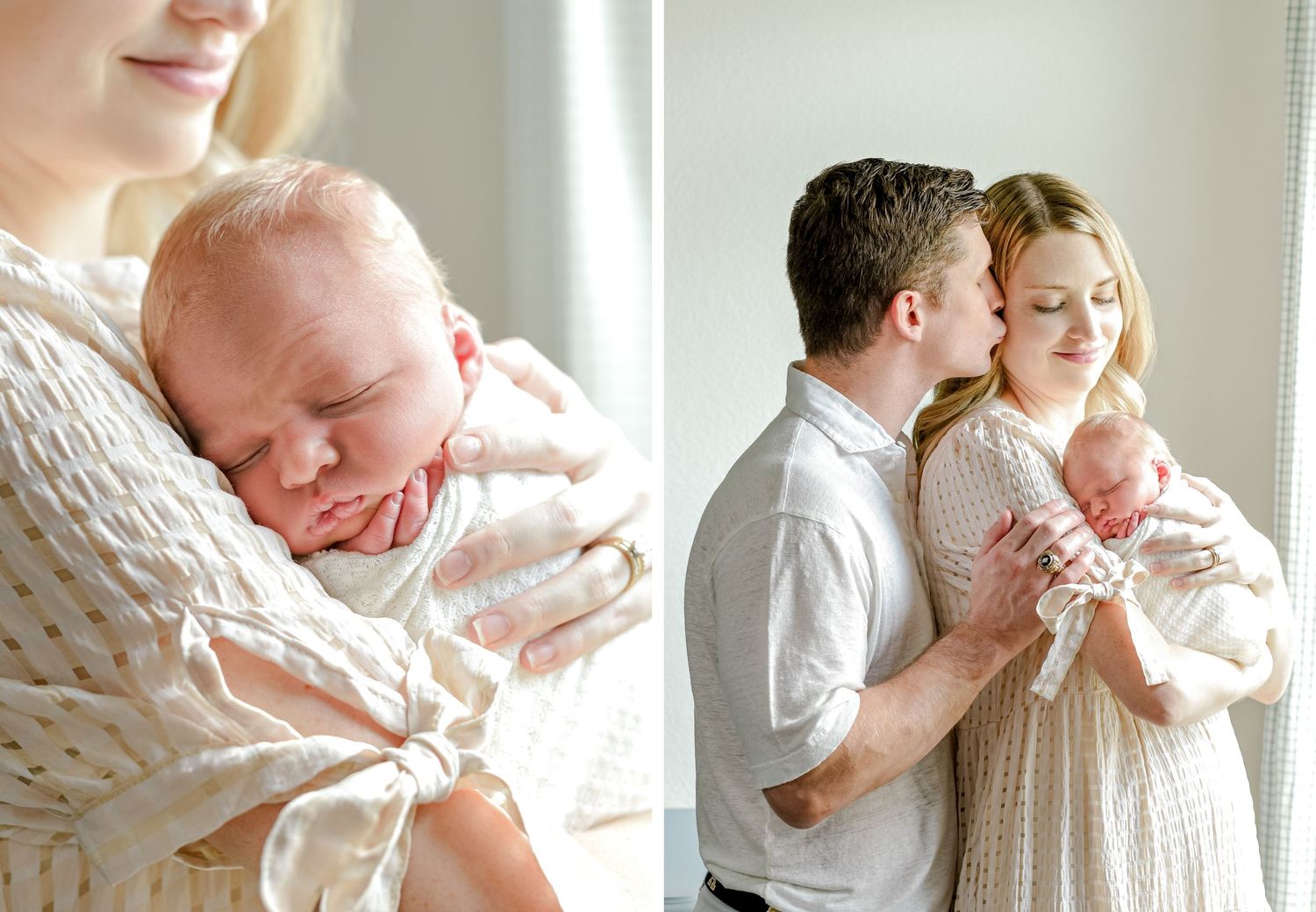 Tender family moments captured in studio portraits with newborn baby.