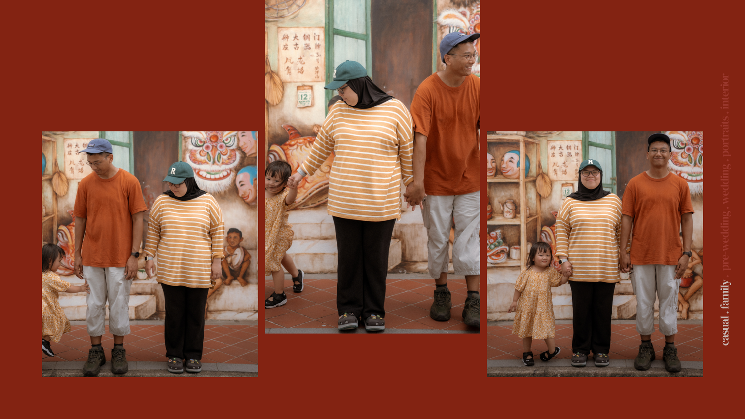 Collection of photographs arranged in a collage layout against a deep red background.