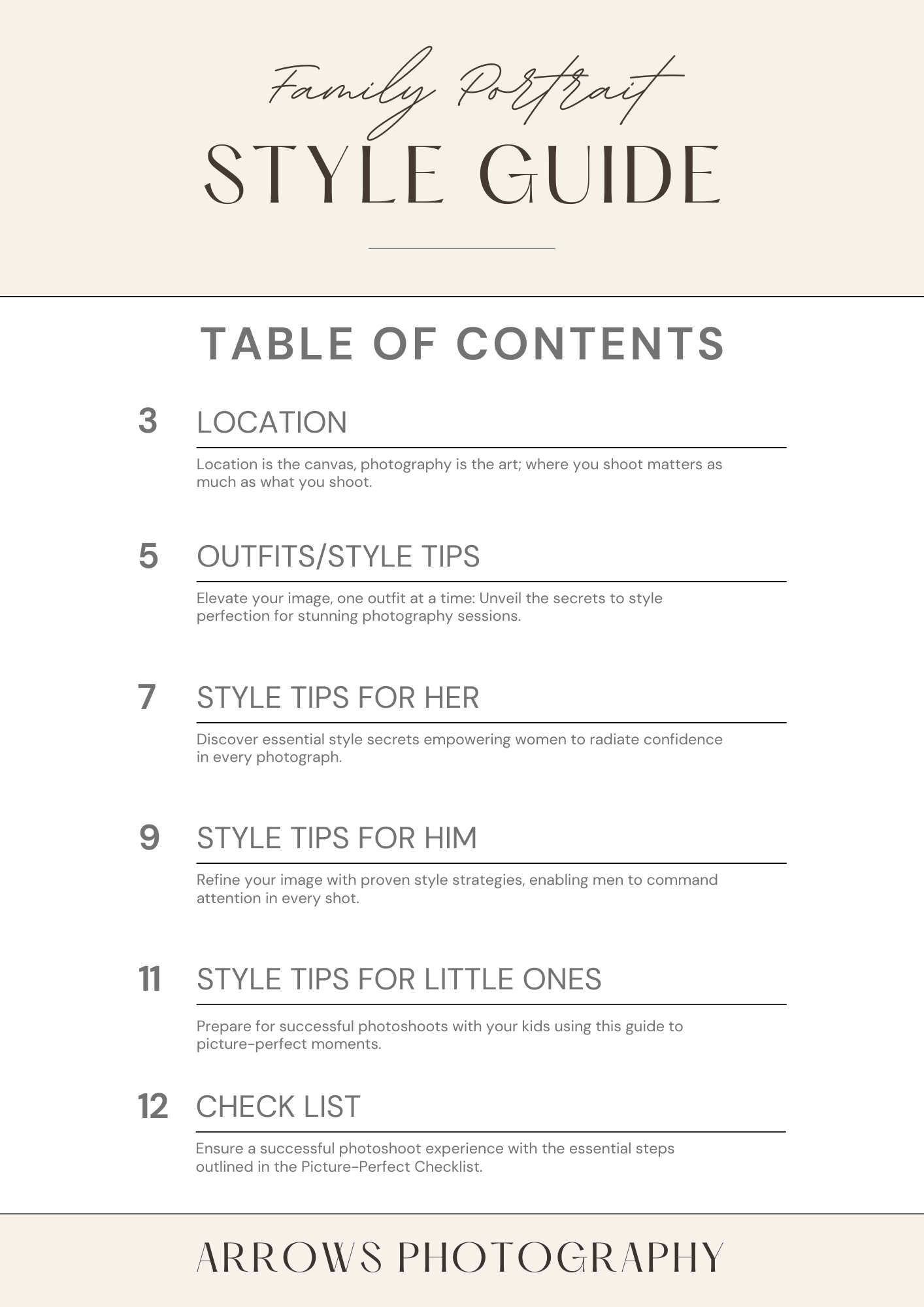 Family portrait style guide table of contents by Arrows Photography.