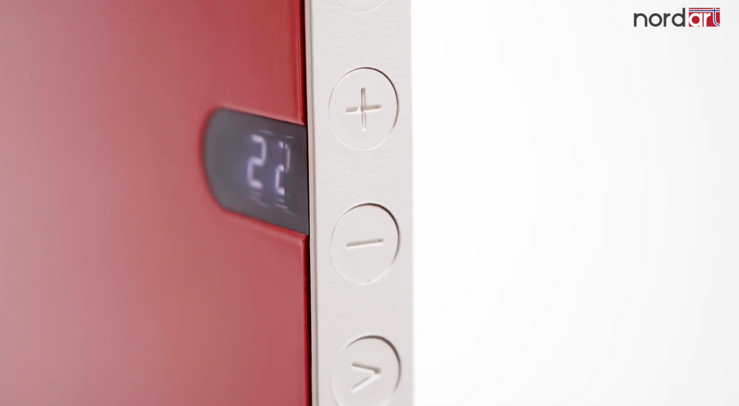 Digital display showing 22 degrees on a red background with plus and minus control buttons.