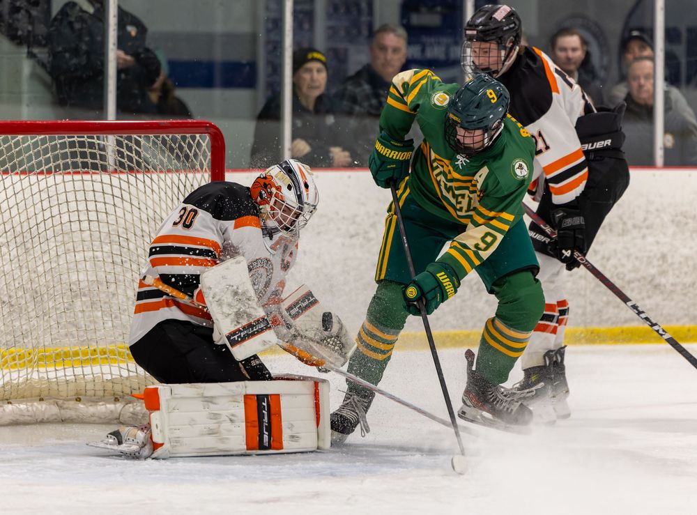 Hockey players compete for the puck during an intense game with goalies defending the nets.