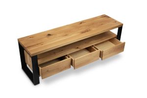 Modern wooden TV stand with three drawers featuring black metal frame legs.