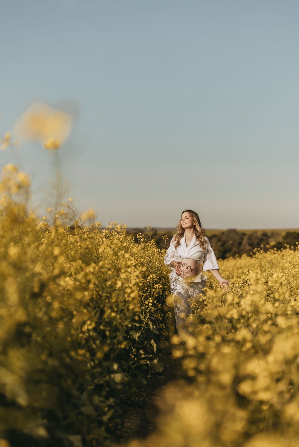 A field of vibrant yellow canola flowers stretches into the distance under a soft blue sky.