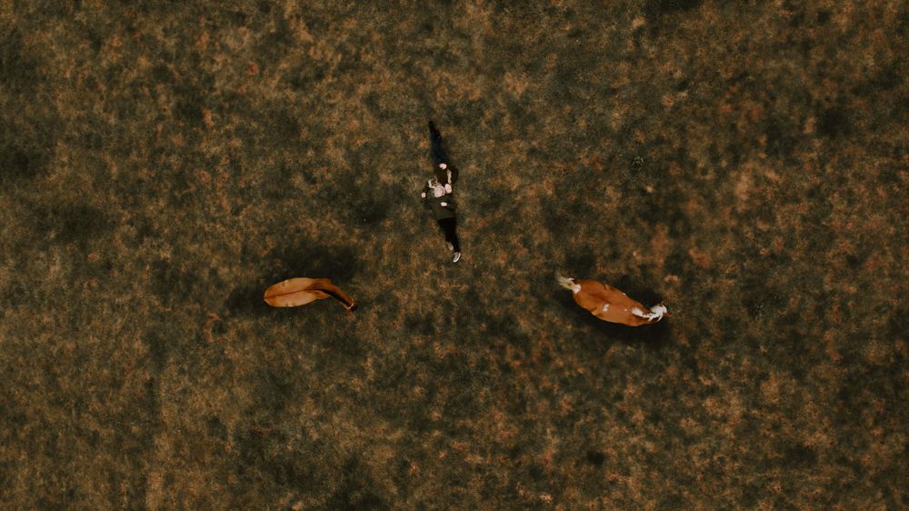 Aerial drone shot showing three people lying on brown textured ground.
