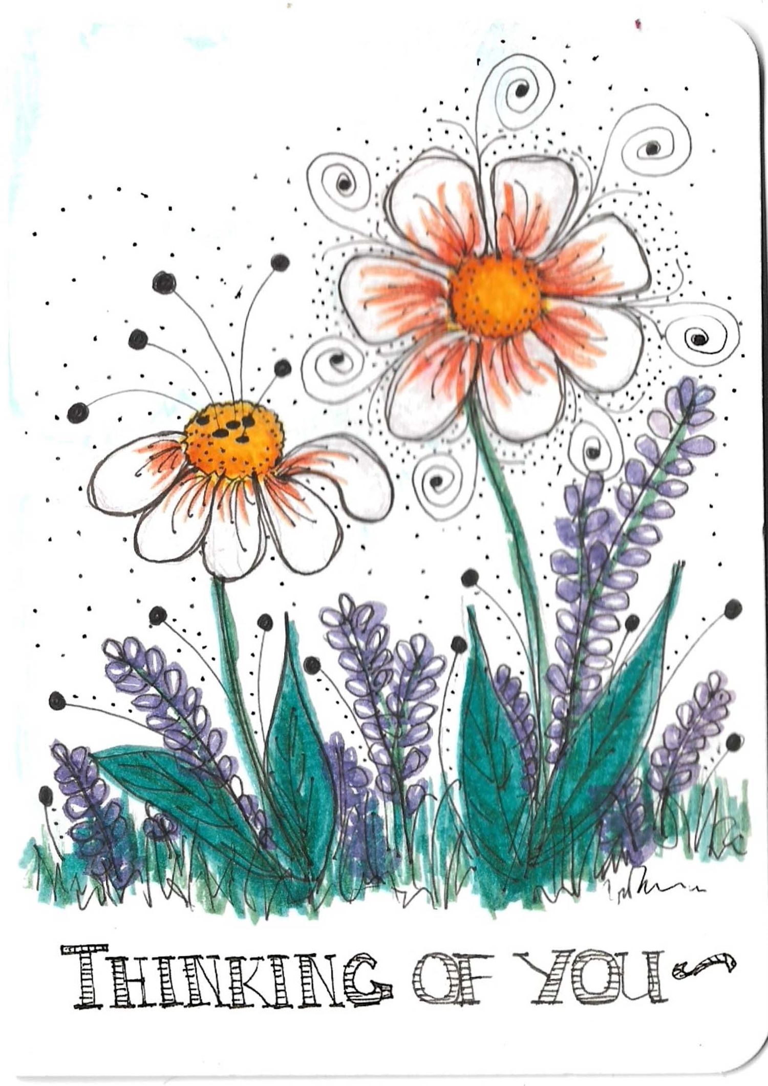 Watercolor garden scene with orange daisies and purple lavender with 'Thinking of You' text.