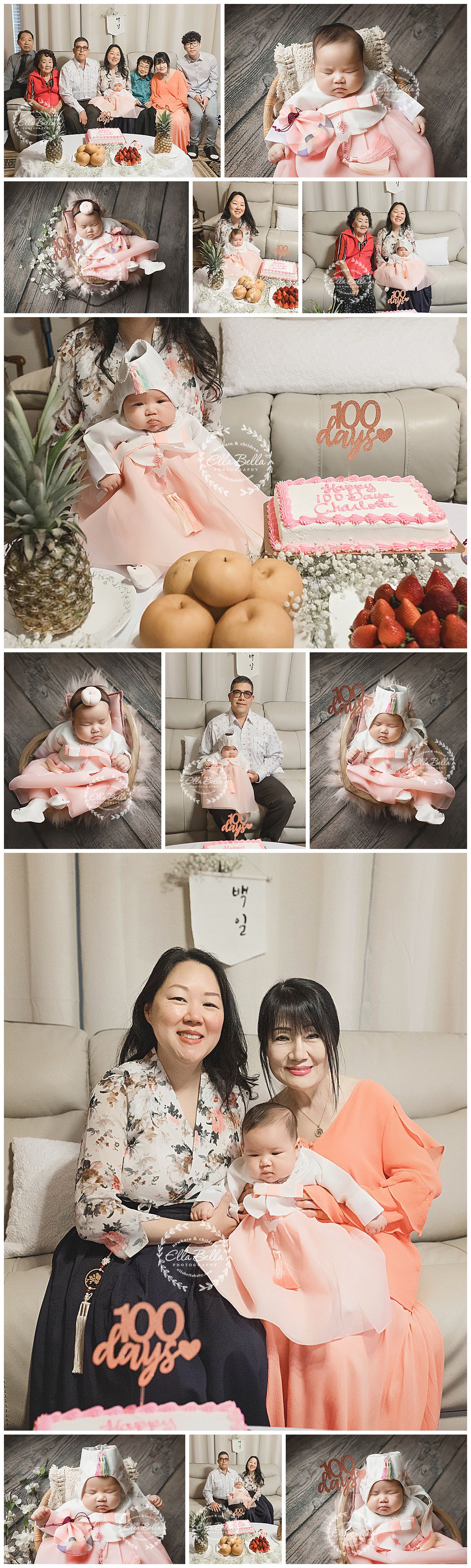100 day celebration photo collection featuring baby in pink dress with family and festive decorations.