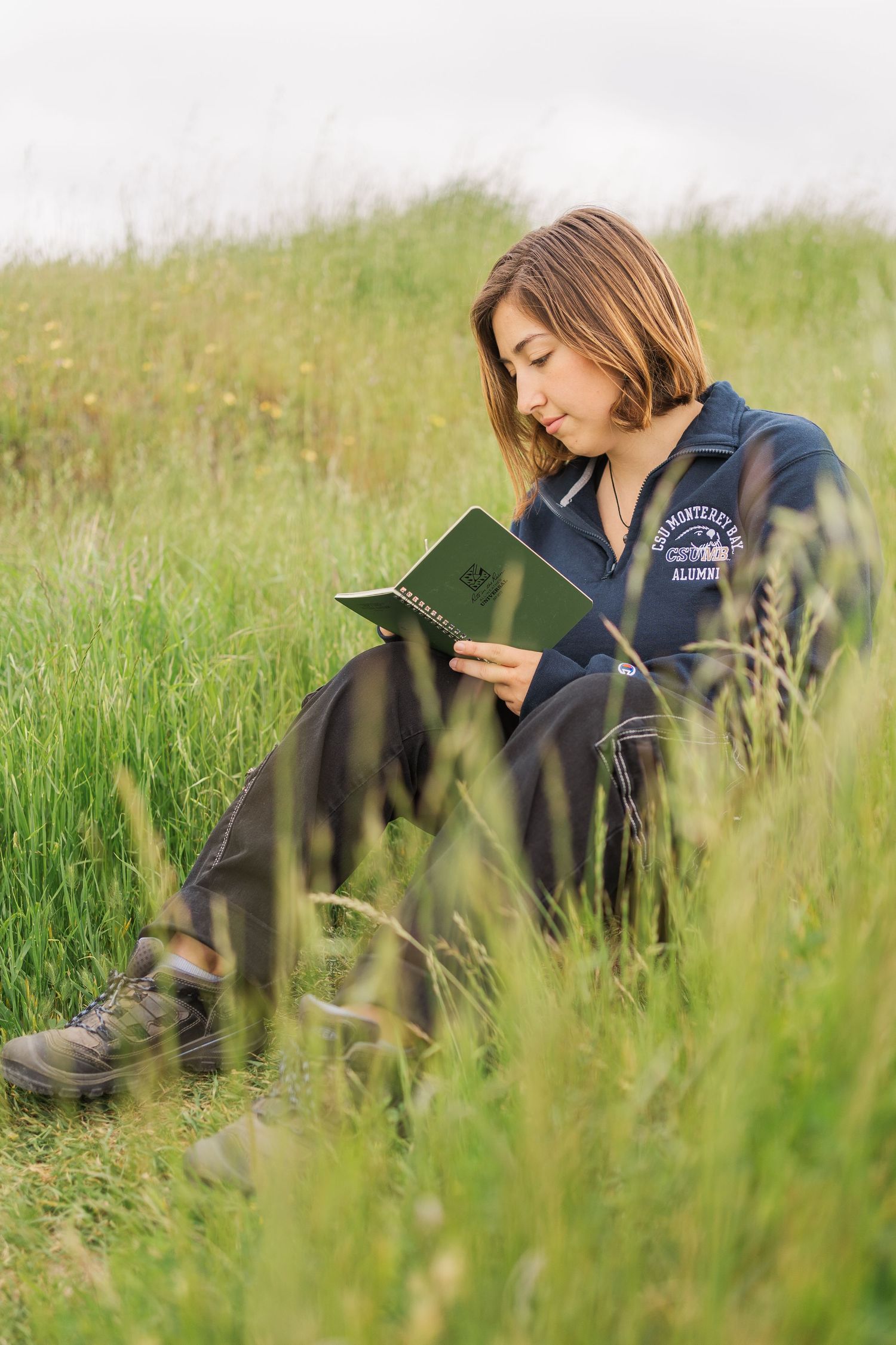 A student in a blue college sweatshirt sits reading in a tranquil meadow surrounded by tall grass on a peaceful day.