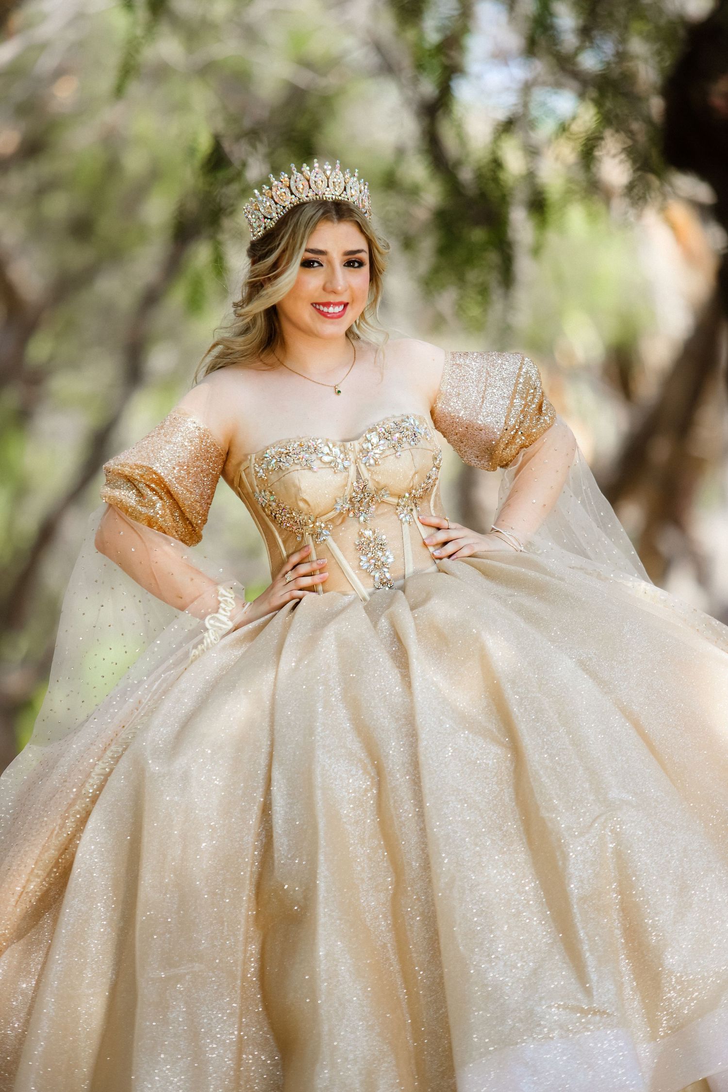 Elegant champagne-colored ball gown with sheer sleeves and sparkling bodice details in an outdoor garden setting.