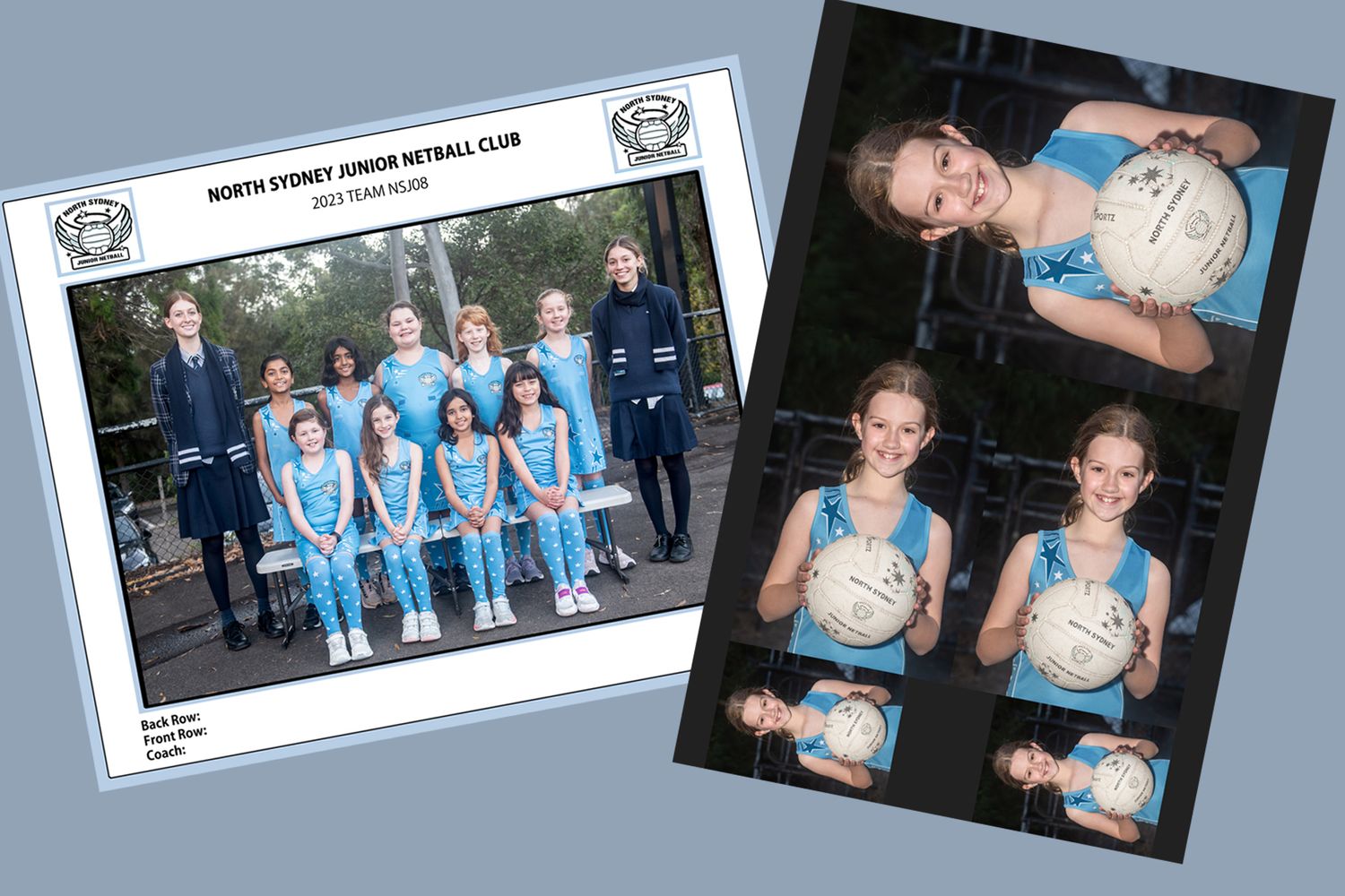Collection of team photos showing netball players in bright blue uniforms.