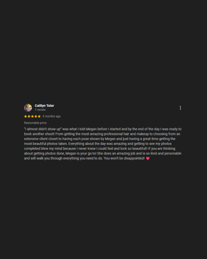 Five-star customer review praising Megan's professional photoshoot, including hair, makeup, client closet and posing guidance.