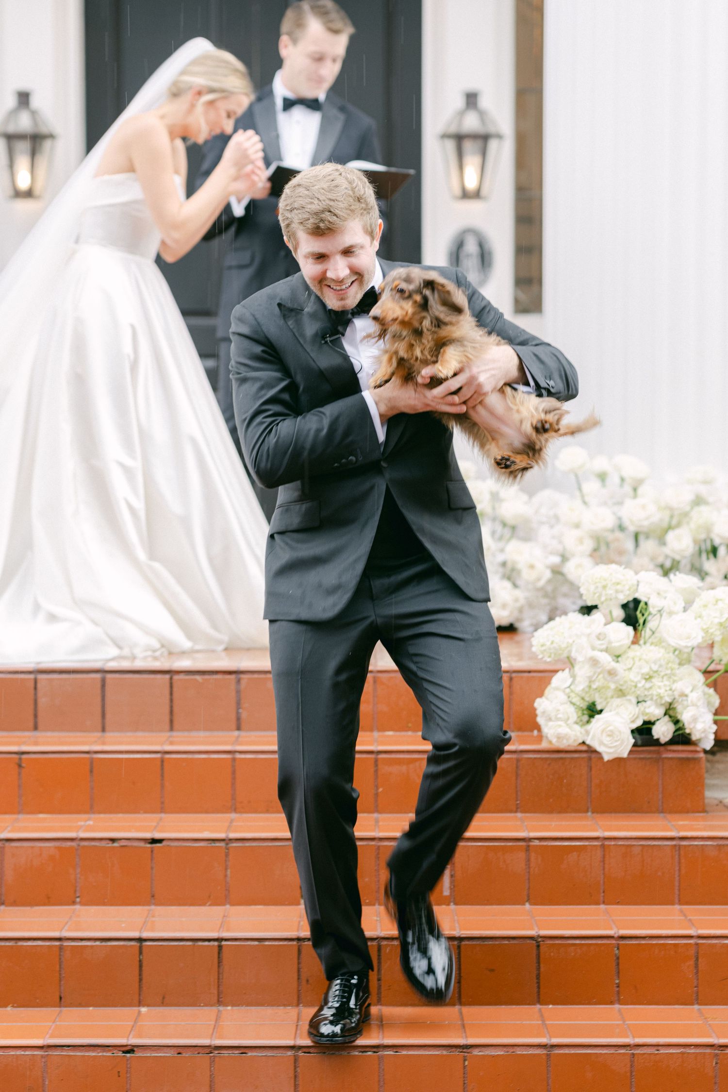 Woodbine Mansion Austin Texas Winter Wedding Fine Art Editorial Photography groom candid special guest dog Dachshund