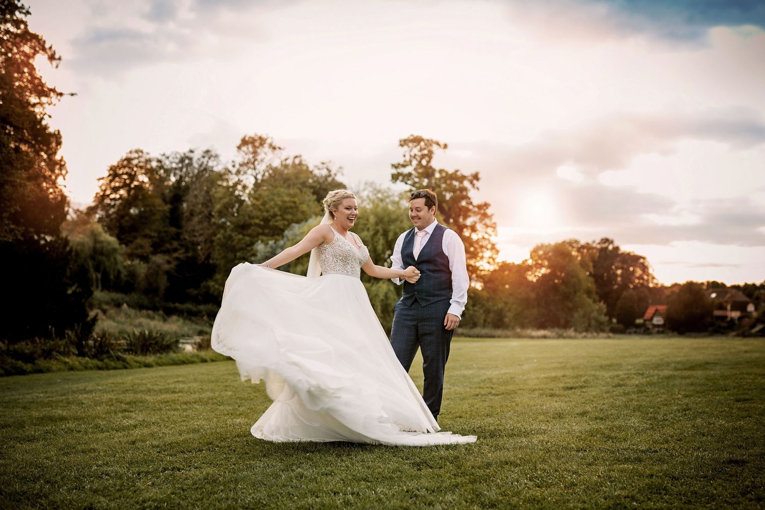 Ardington House English wedding stately manor bride swirling dancing dress groom sunset Vicky Lewis Photography