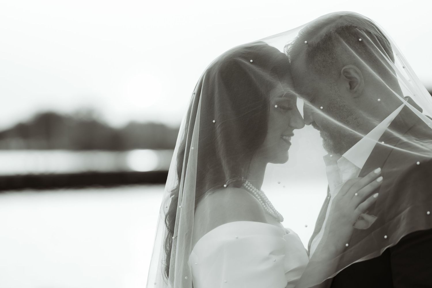 Artistic silhouette portrait of a couple beneath a flowing wedding veil in black and white.