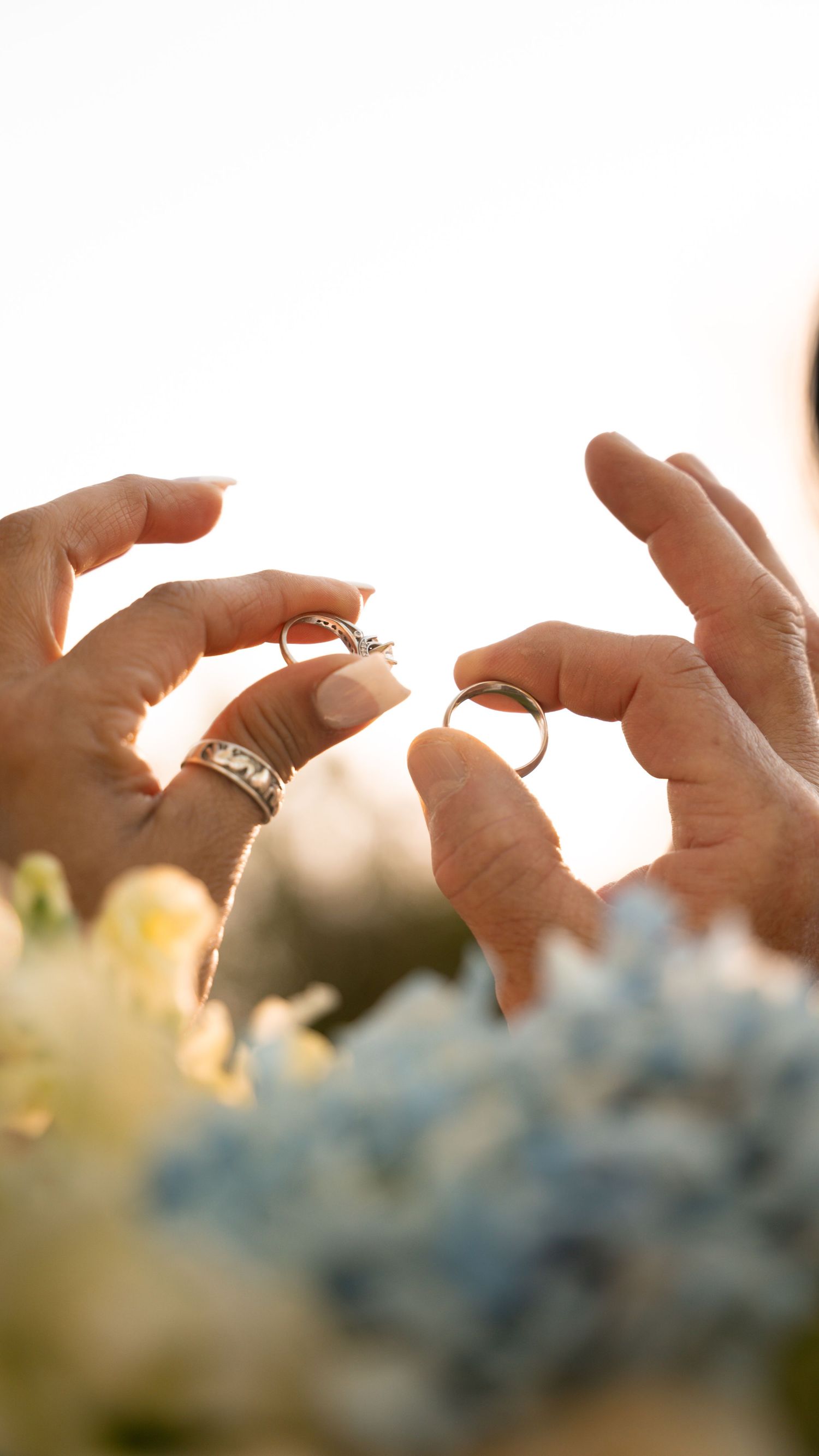 Close-up of hands holding wedding rings against sunlit background.